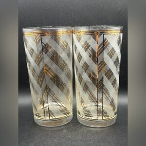 Culver Vintage MCM Gold Stripe Clear & Frosted Glass Highball Drink Cups Barware